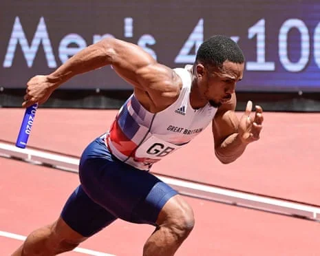 British sprinter CJ Ujah pictured competing in the 4x100m relay heats at the Tokyo Olympics held in 2021.