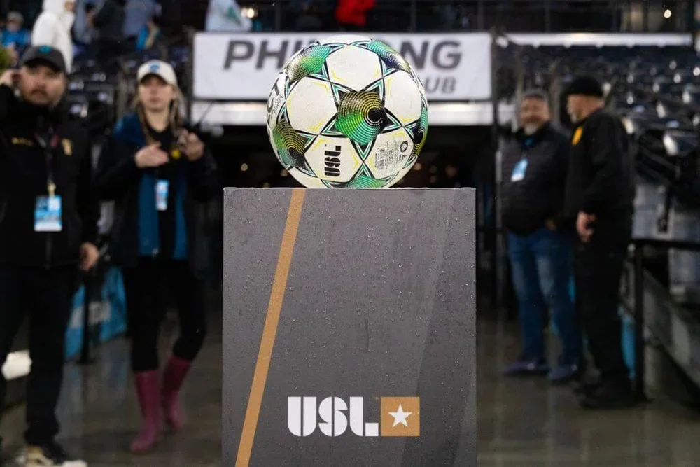 A USL Championship ball on a pregame stand